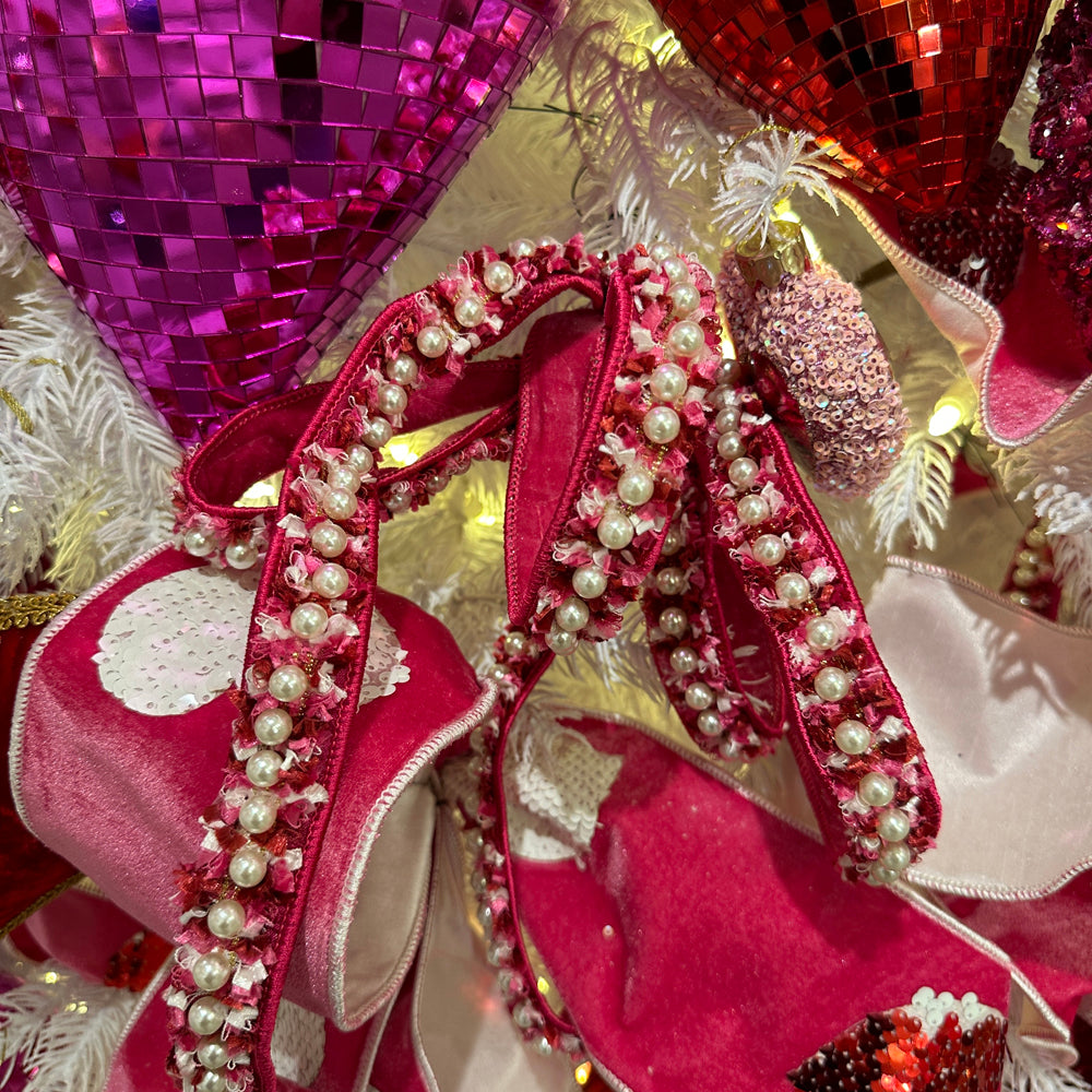 Viv! Christmas Ribbon with Iron Wire - Velvet with Tweed & Pearls - Pink - 2.5cm x 4.6m