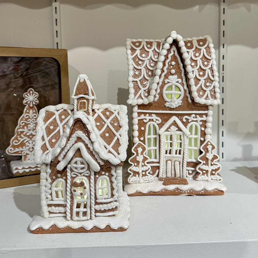 Viv! Christmas Tabletop Figure - Small Gingerbread House of Clay with Icing Details incl. LED Lighting - brown white - 28cm