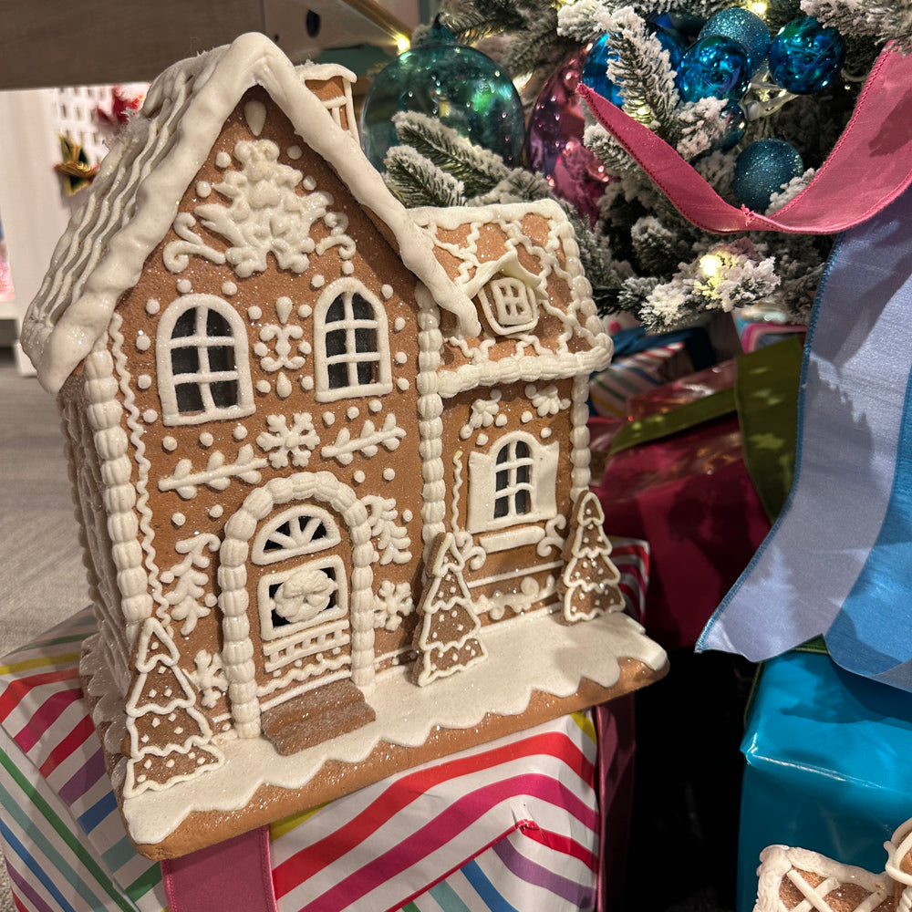 Viv! Christmas Tabletop Figure - Gingerbread House of Clay with Icing Details incl. LED Lighting - brown white - 32cm