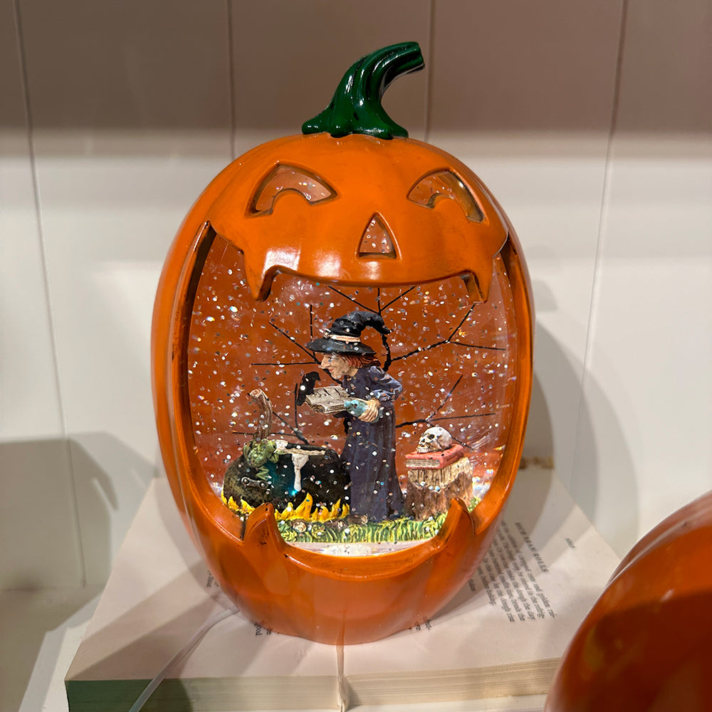 Viv! Christmas Halloween Snow Globe incl. LED - Brewing Witch in Pumpkin - automatic - orange - 21.5cm