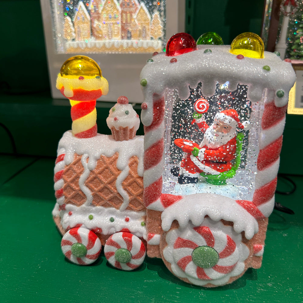 Viv! Christmas Kerst Sneeuwbol incl. LED - Gingerbread Trein met Kerstman - automatisch - bruin rood - 18cm