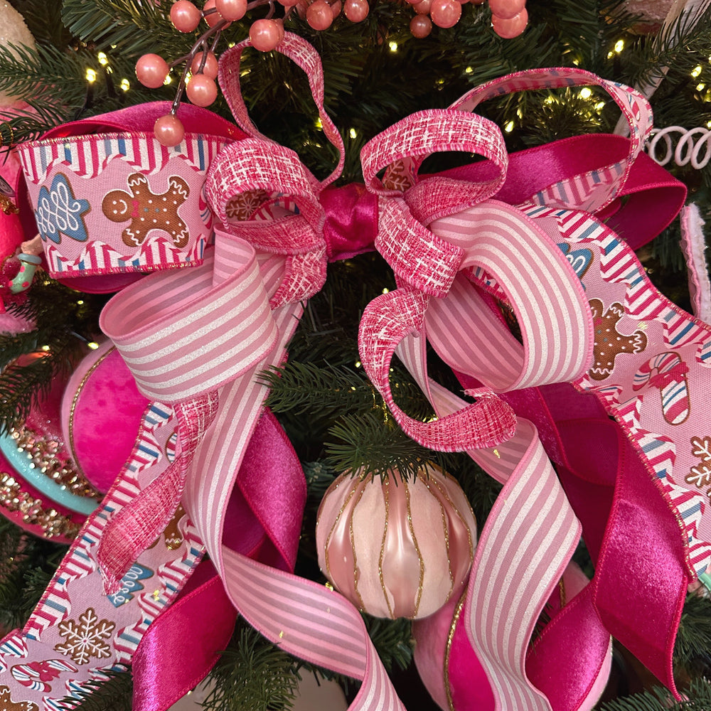 Viv! Christmas Wired Ribbon - Gingerbread with Candy Print - Pink Blue - 6.3 cm x 9.1 m