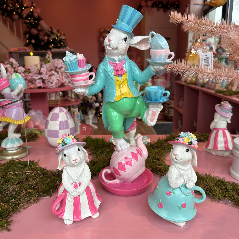 Viv! Christmas Easter Decoration - Balancing Bunny with Teacups - 41cm