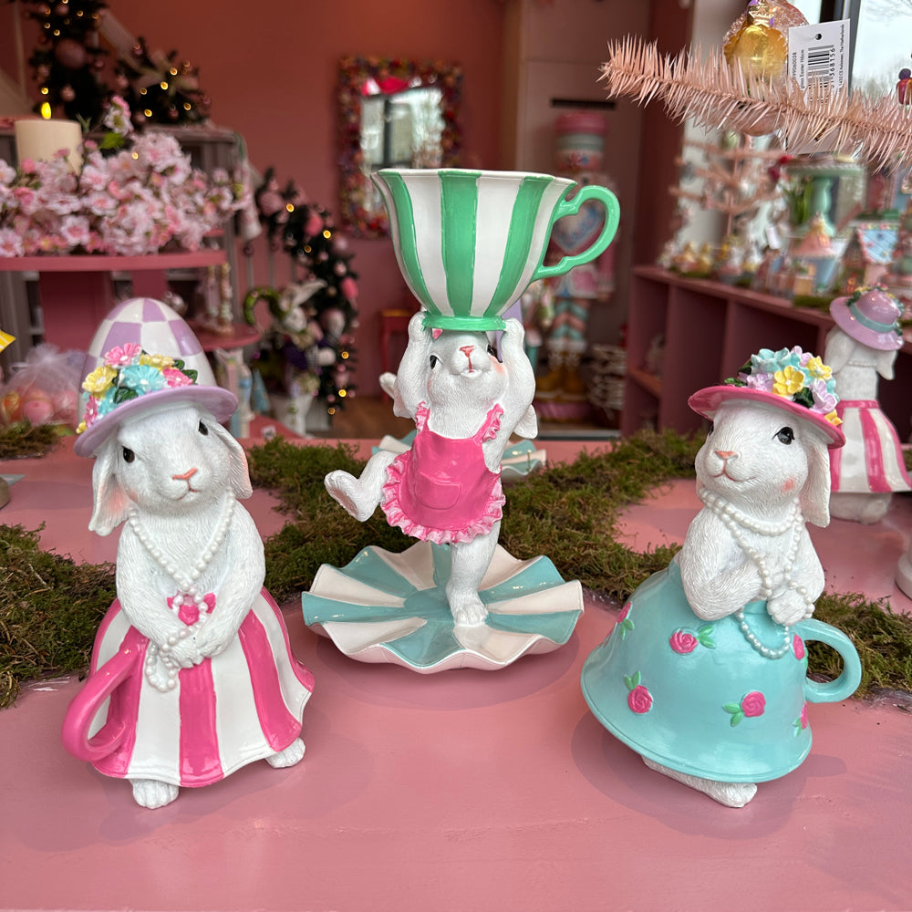Viv! Christmas Easter Decoration - Bunnies in Teacup Dresses with Pearl Necklaces - Set of 2 - 17cm