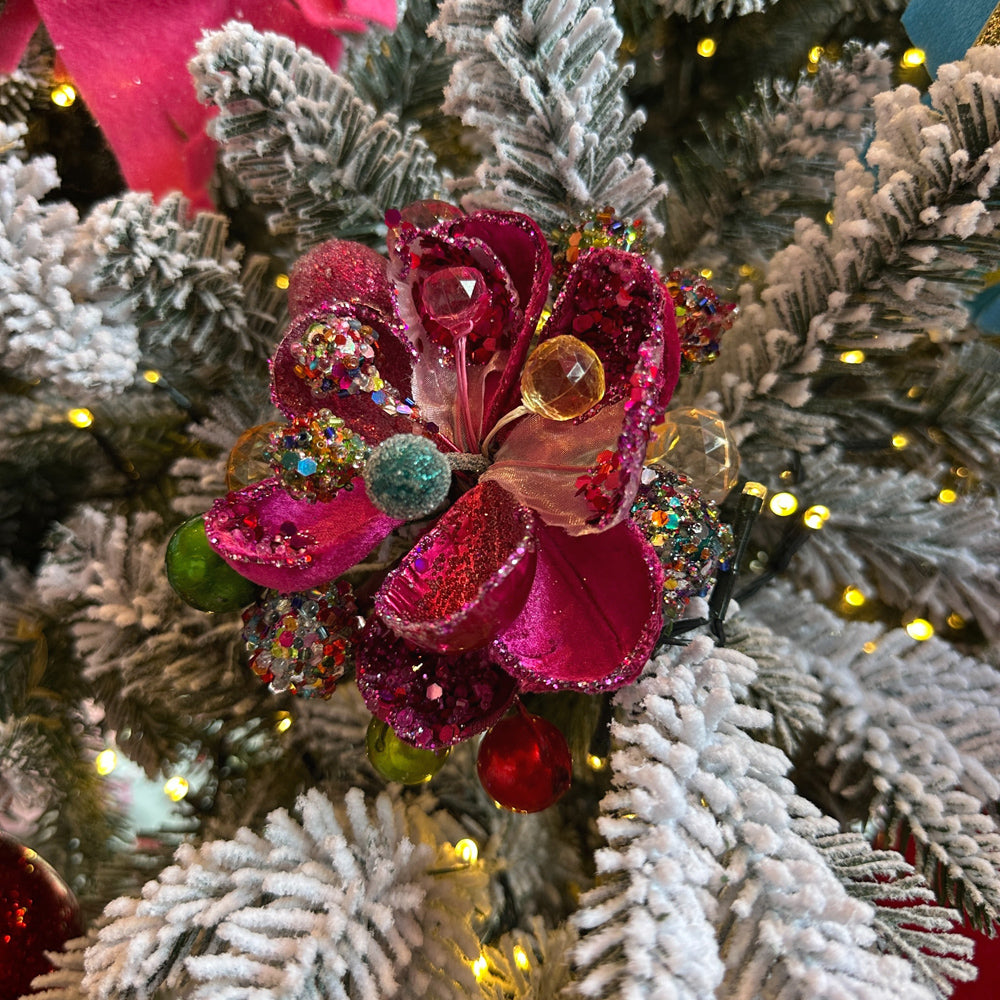 Viv! Christmas Pick - Magnolia Flower w/ Coloured Jewels - Fuchsia Pink - 34 cm