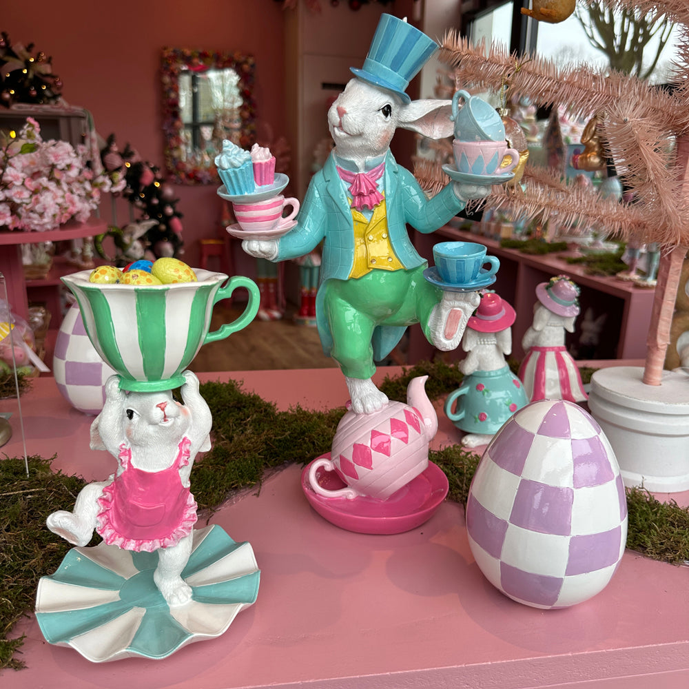 Viv! Christmas Easter Decoration - Colorful Bunny with Cup and Saucer - 24cm