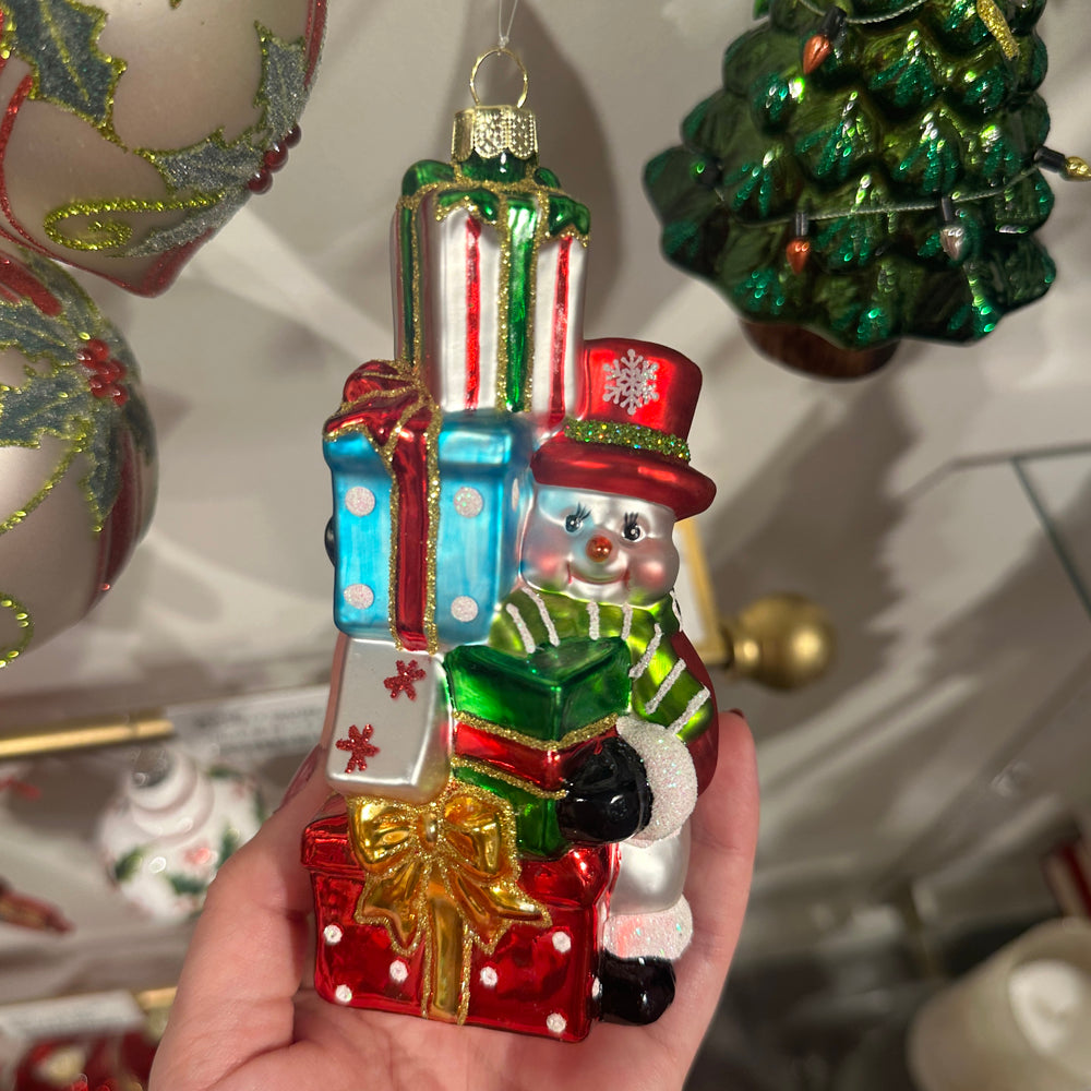 Viv! Christmas Ornament - Snowman with Gifts - Glass - Red - 14cm