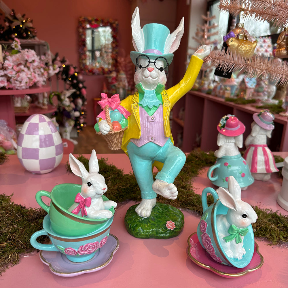 Viv! Christmas Easter Decoration - Bunny in Teacup - Set of 2 - 16 & 13cm