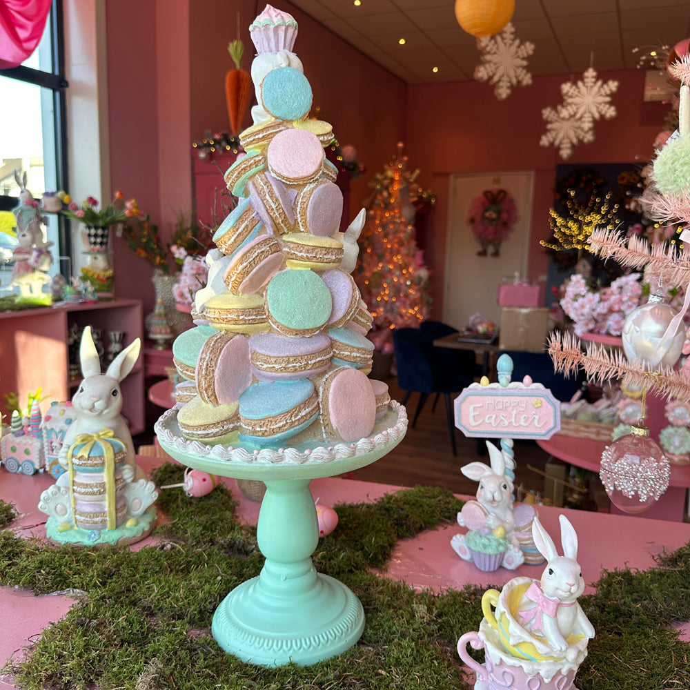 Viv! Christmas Easter Decorations - Cake with Macarons and Bunnies on Metal Base - Pastel - 60cm