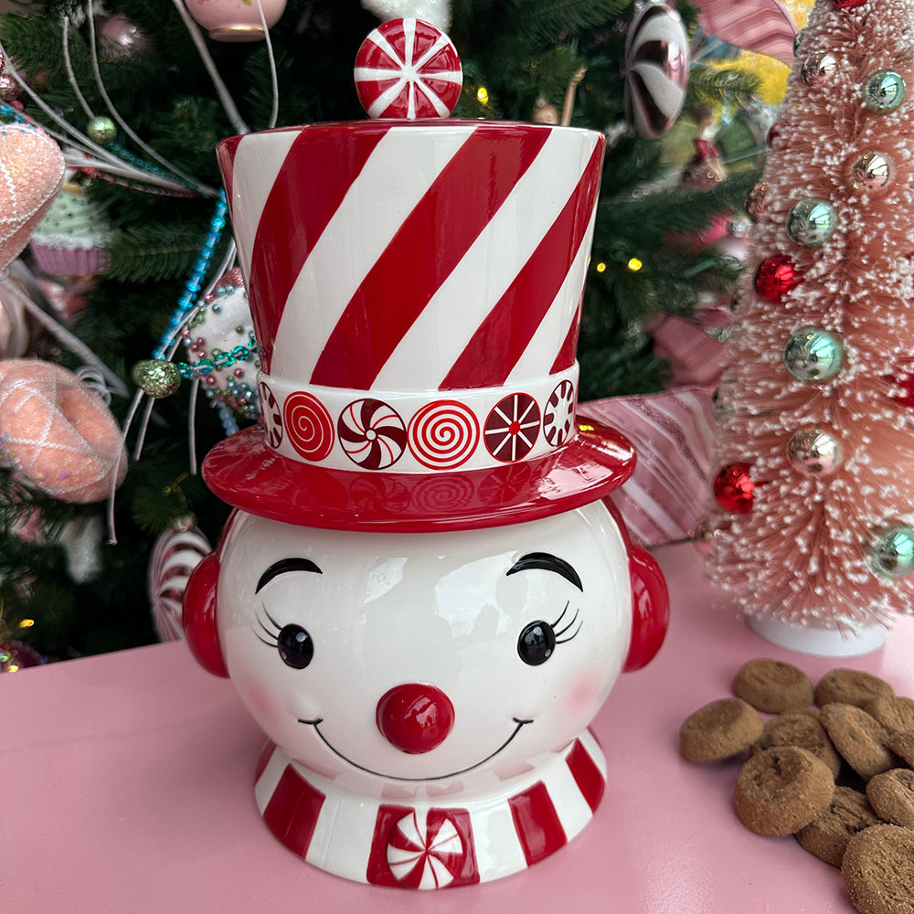 Viv! Christmas tableware - Cookie Jar Peppermint Swirl Snowman - ceramic - red white - 30cm