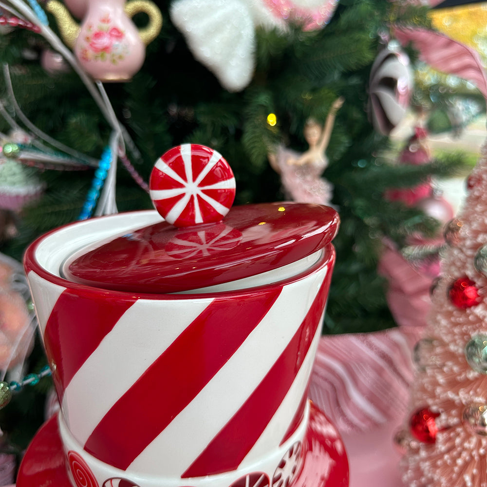 Viv! Christmas tableware - Cookie Jar Peppermint Swirl Snowman - ceramic - red white - 30cm