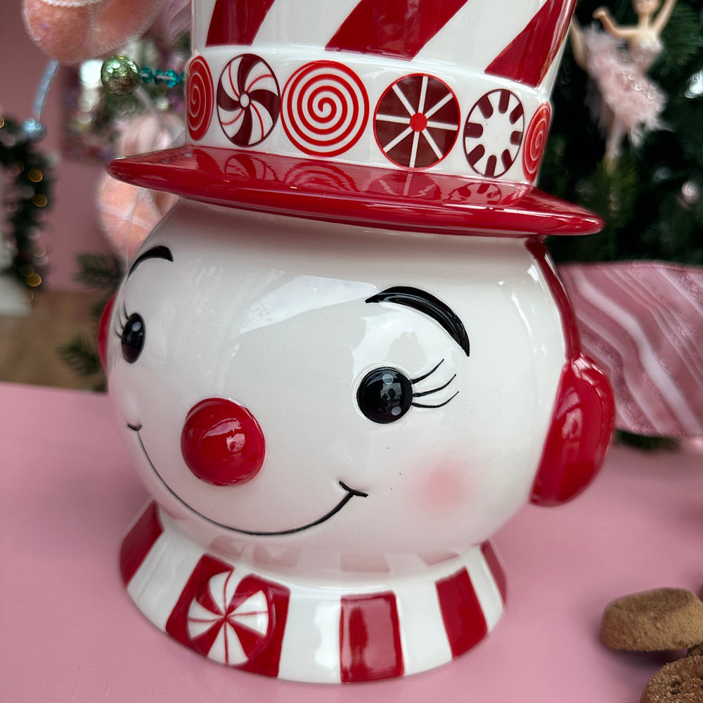 Viv! Christmas tableware - Cookie Jar Peppermint Swirl Snowman - ceramic - red white - 30cm