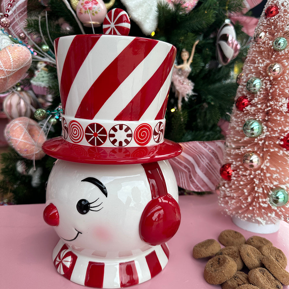 Viv! Christmas tableware - Cookie Jar Peppermint Swirl Snowman - ceramic - red white - 30cm