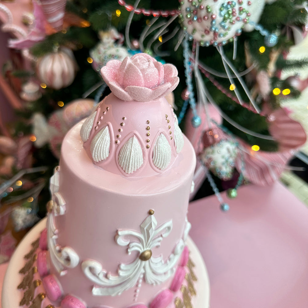 Viv! Christmas Tabletop Figure - Decorated Macaron Cake on White Cake Stand - pink white - 42cm