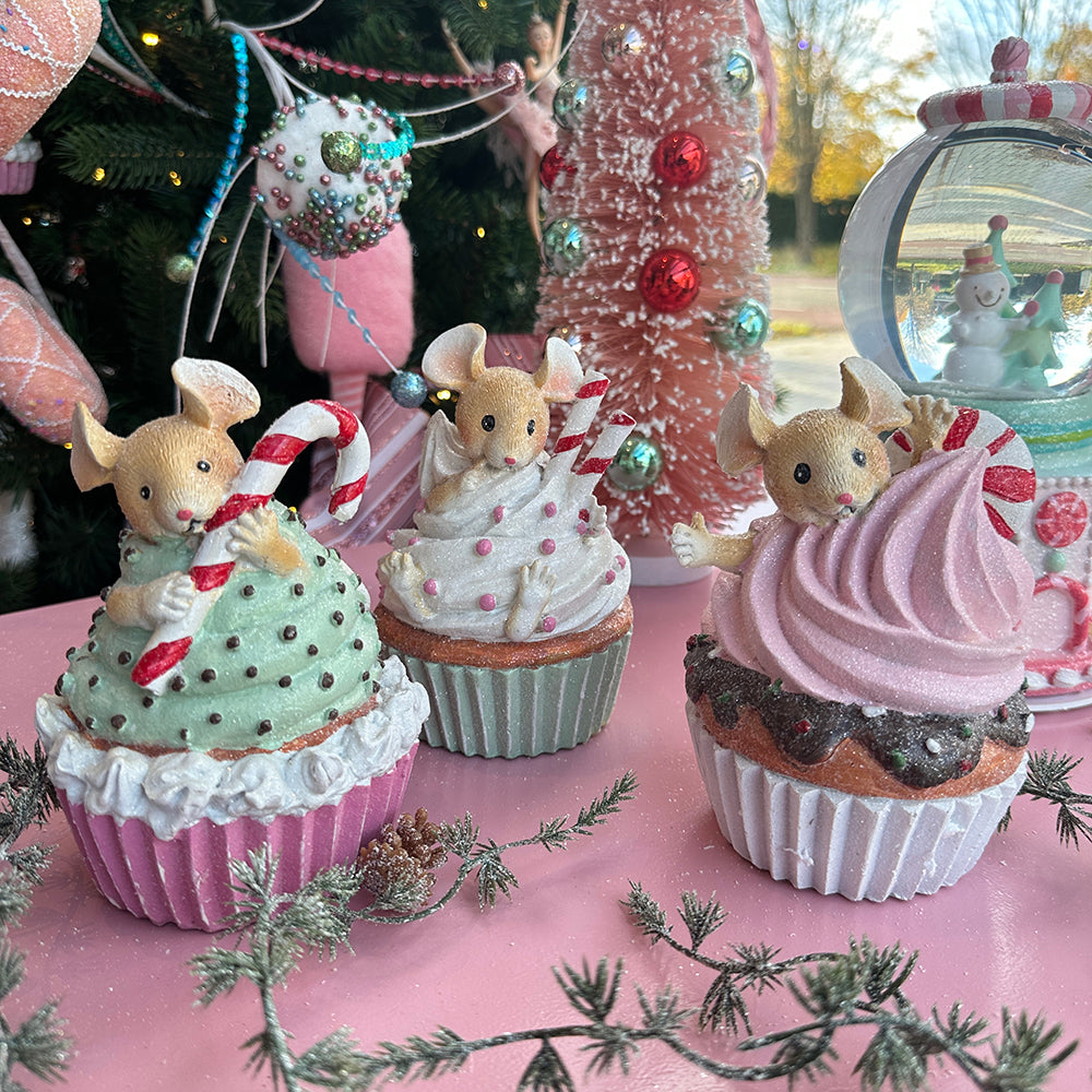 Viv! Christmas Kerstbeeld - Muisjes in Cupcakes - set van 3 - pastel - 15cm