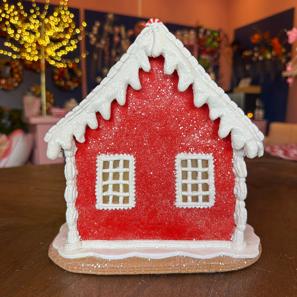 Viv! Christmas Kerstbeeld - Gingerbread Huis Sneeuwpop van Klei incl. LED Verlichting - rood wit - 22cm