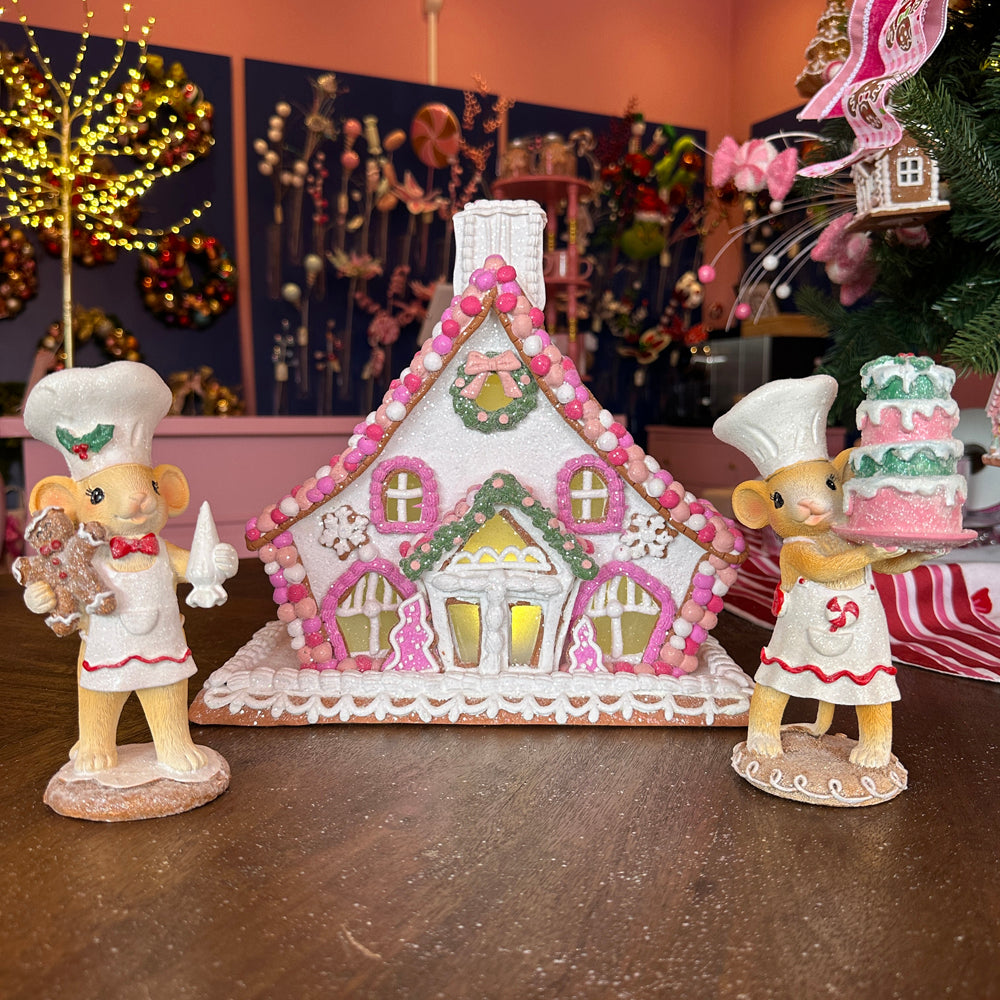 Viv! Christmas Tabletop Figure - Gingerbread Chalet House of Clay with Pink Candy Decoration incl. LED Lighting - pink white - 27cm