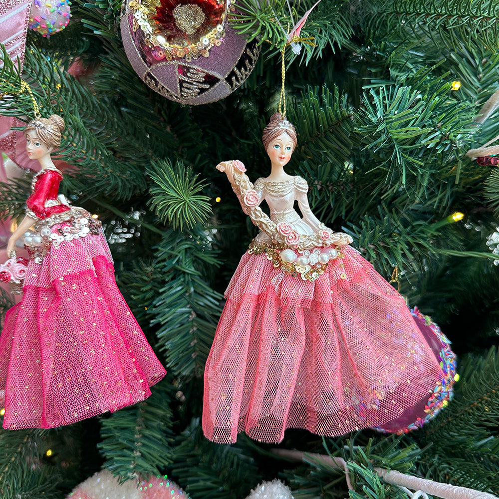Viv! Christmas Kerstornament - Ballerina's met Bloemen - set van 2 - roze - 16cm