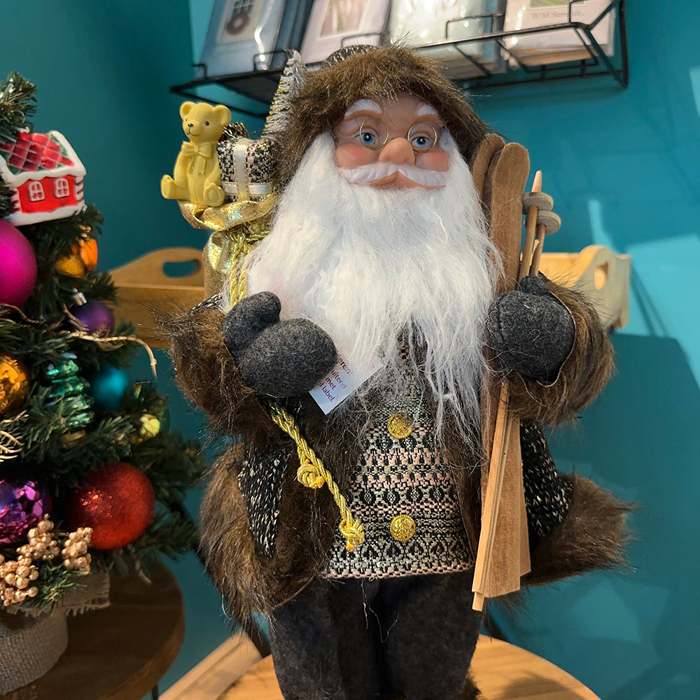Viv! Christmas Tabletop Figure - Santa Claus Doll with Skis - black gold - 46cm