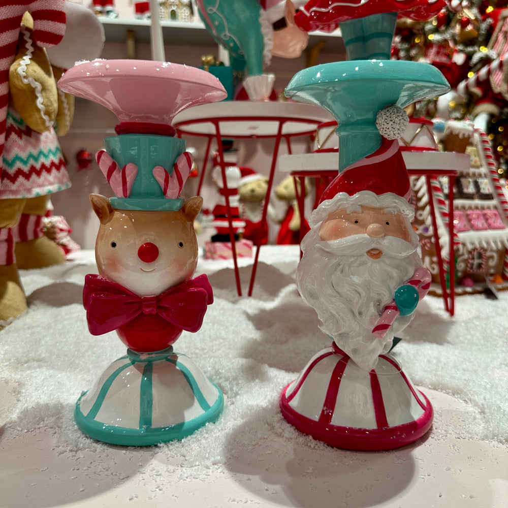 Viv! Christmas Table Decoration - Candle Holder Santa Claus and Reindeer - set of 2 - pink red blue - 22cm