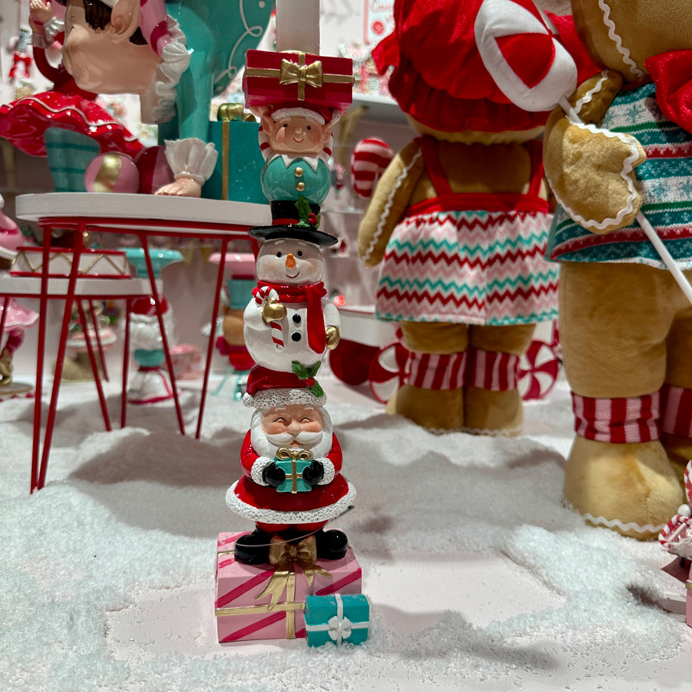 Viv! Christmas Kerst Tafeldecoratie - Kandelaar Kerstman, Sneeuwpop en Elf - roze rood - 31cm