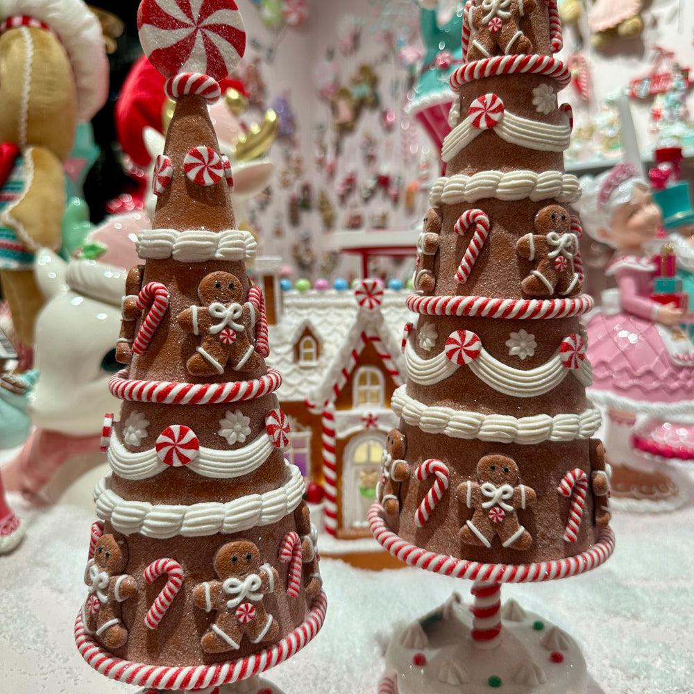 Viv! Christmas Tabletop Figure - Gingerbread Tree with Candy - Set of 2 - Red White Brown - 38 and 31cm