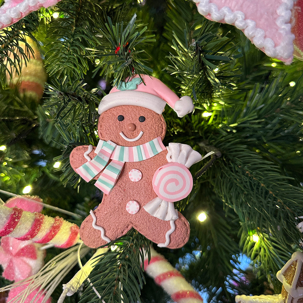 Viv! Christmas Kerstornament - Gingerbread Poppetjes met Snoep - set van 3 - pastel roze - 13cm