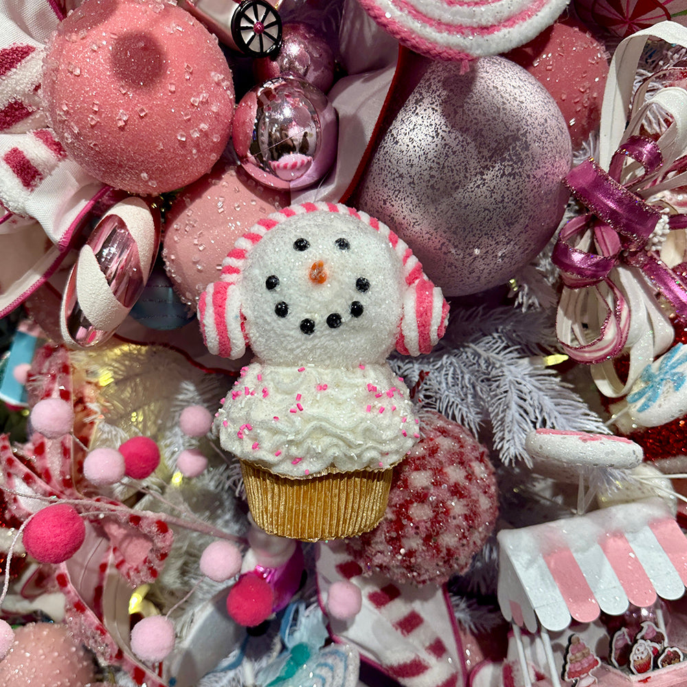 Viv! Christmas Ornament - Candy Snowman Cupcake with Ear Warmers - Set of 2 - Red Pink White - 18cm