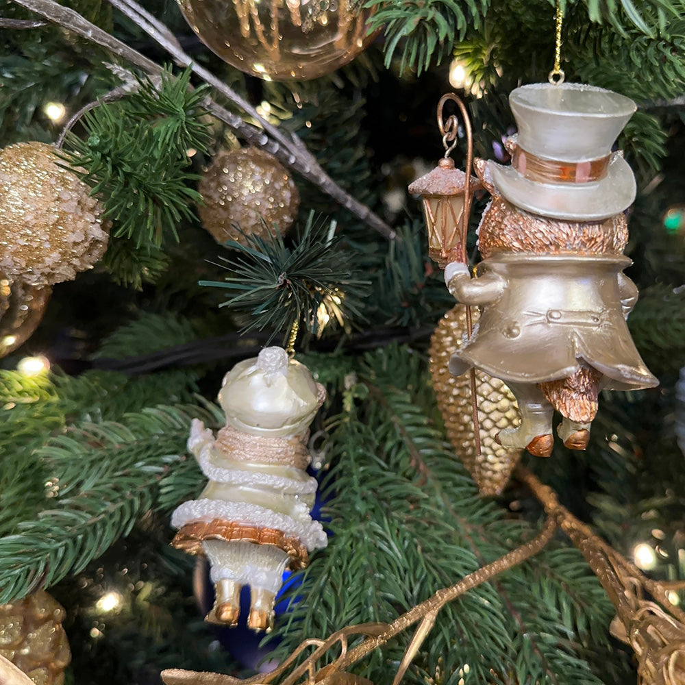 Goodwill M&G Kerstornament - Uil en Beer met Lantaarn - set van 2 - crème champagne - 9cm