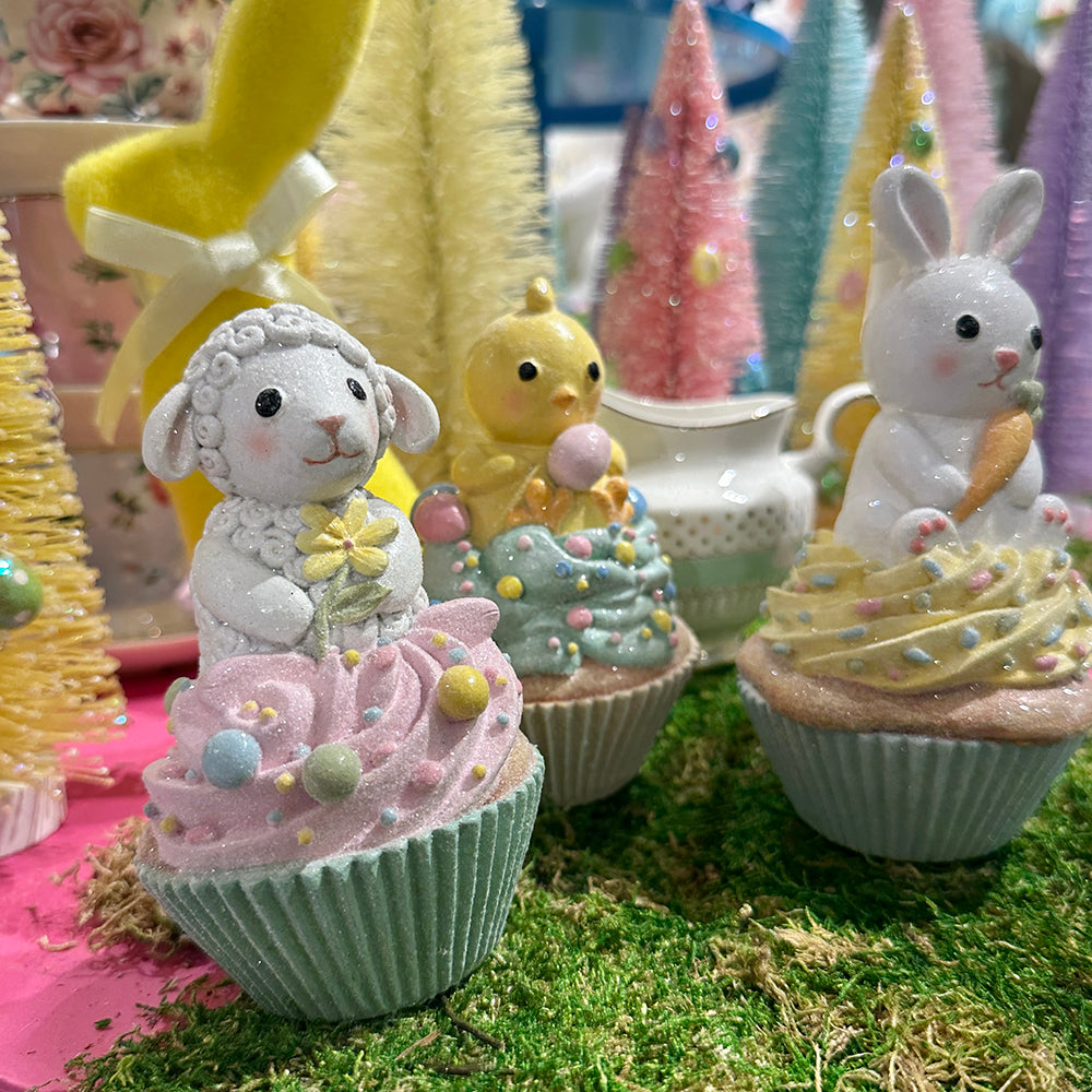 Viv! Christmas Paasdecoratie - Cupcake met Kuiken, Lammetje en Konijn - set van 3 - pasen - pastel - 15cm
