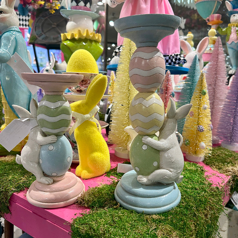 Viv! Christmas Easter Decorations - Candle Holder Bunny with Eggs - pastel blue - 30cm