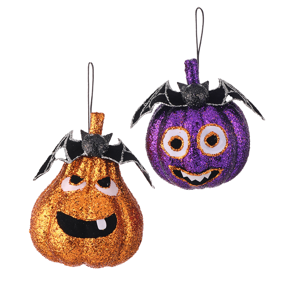 Viv! Christmas Halloween Decor - Glitter Pumpkin with Bat Ornament - set of 2 - 13-15 cm