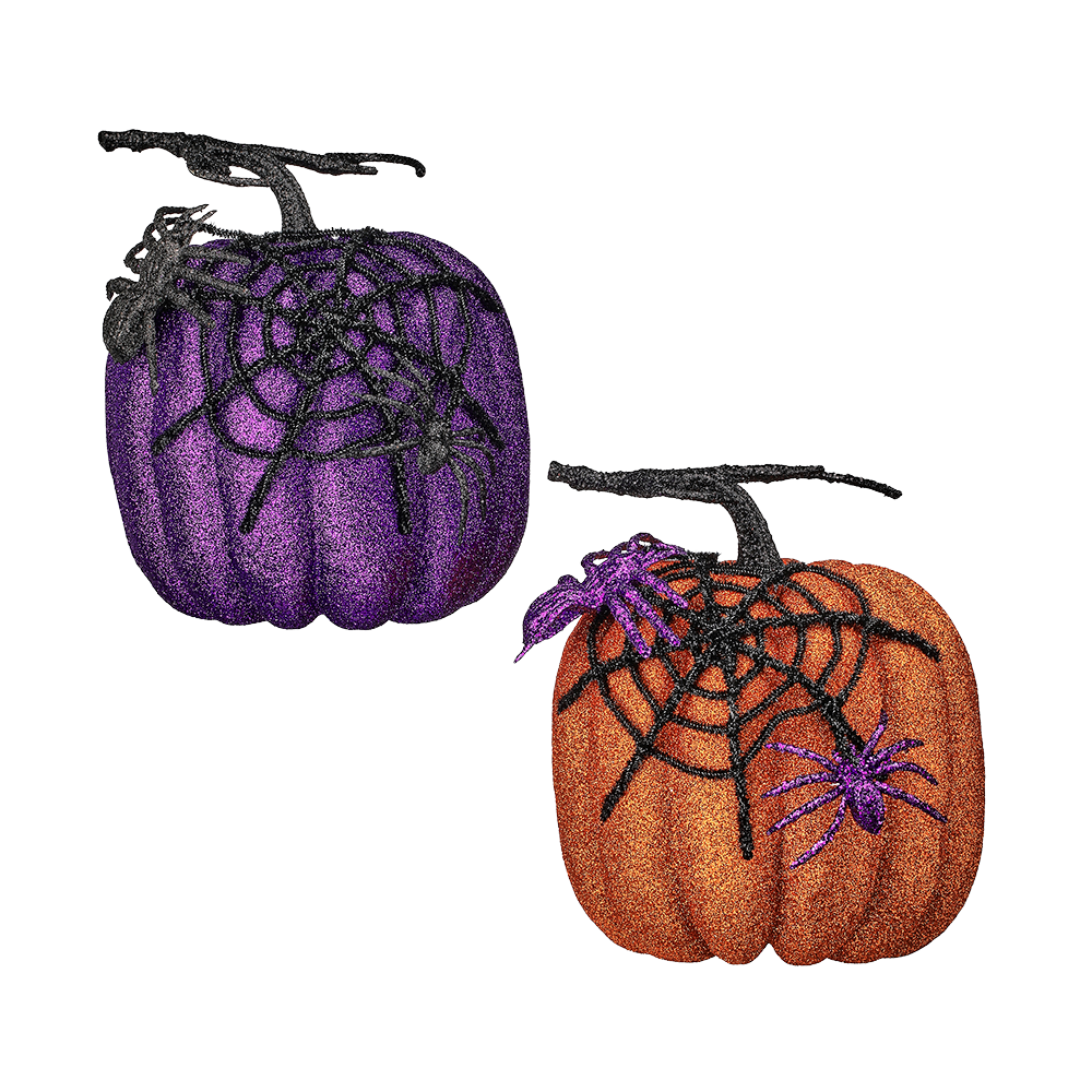 Viv! Christmas Halloween Tabletop Figurine - Glitter Pumpkin with Web & Spiders - set of 2 - 18 cm