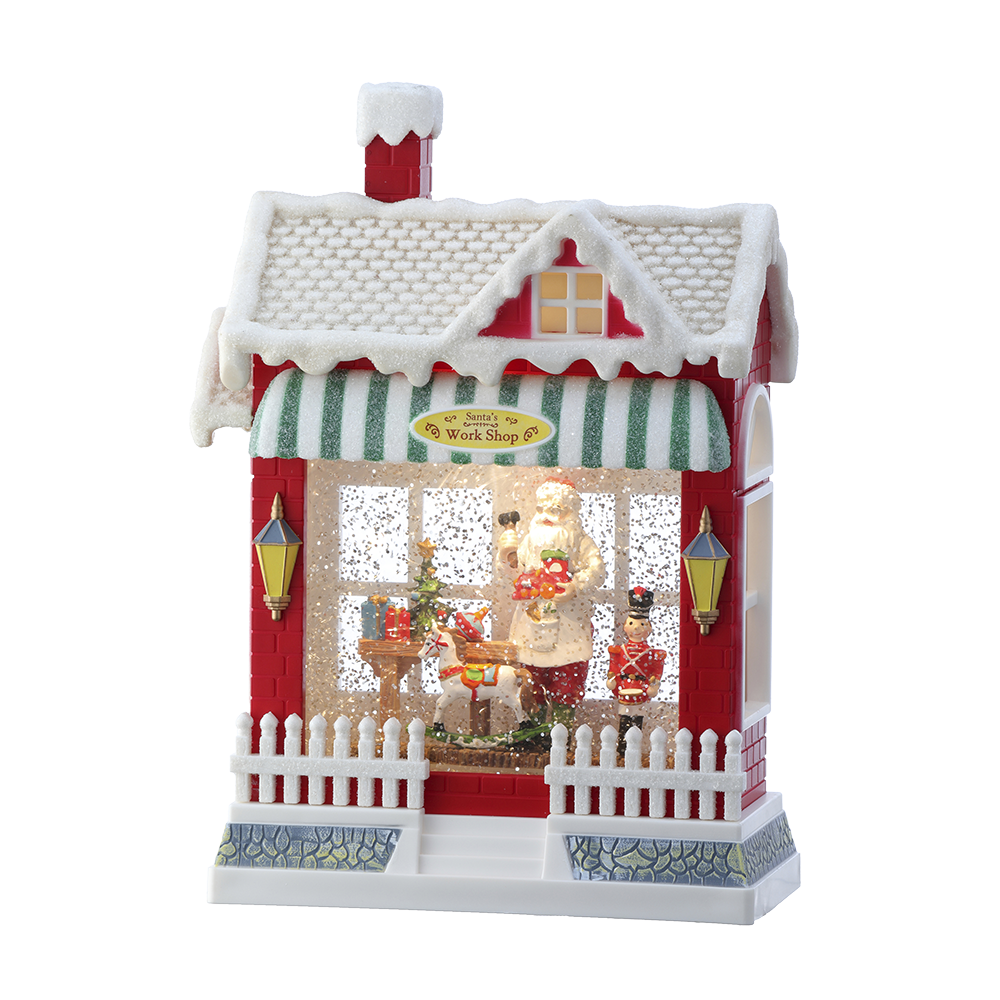 Viv! Christmas Kerst Sneeuwbol incl. LED - 'Santa's Workshop ' Notenkraker Winkel - automatisch - bruin rood wit - 25cm