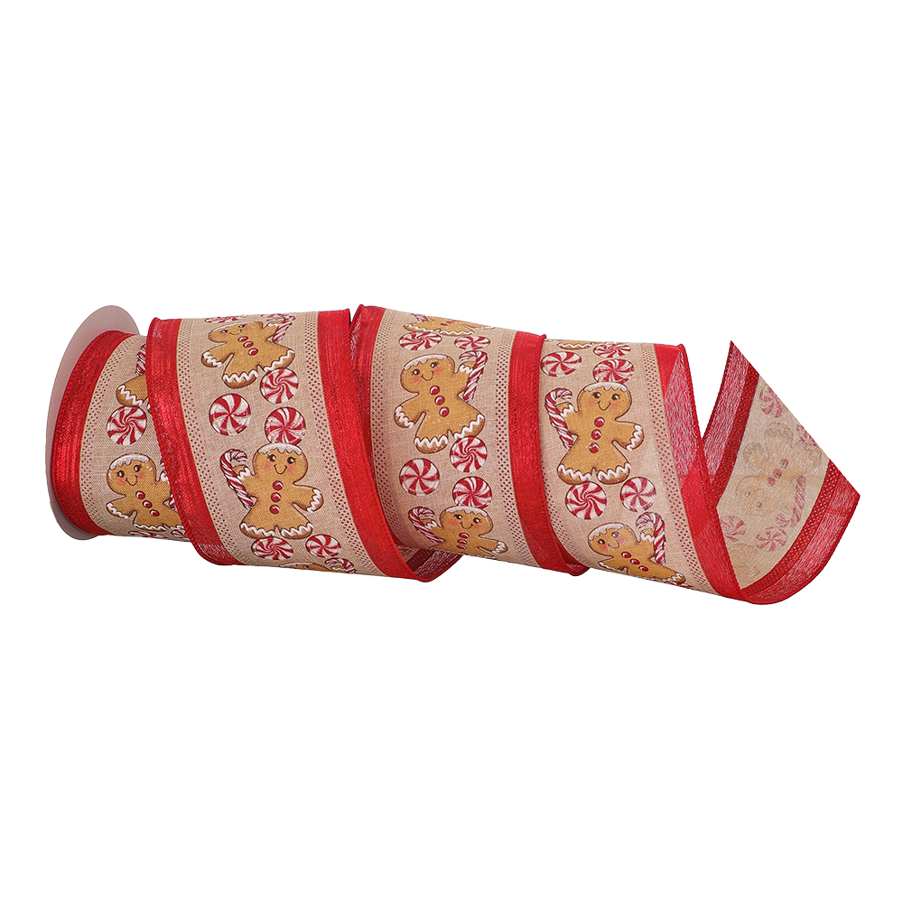 Viv! Christmas Ribbon with Iron Wire - Gingerbread & Peppermint Candy Ribbon - Brown/Red - 10cm x 9.1m