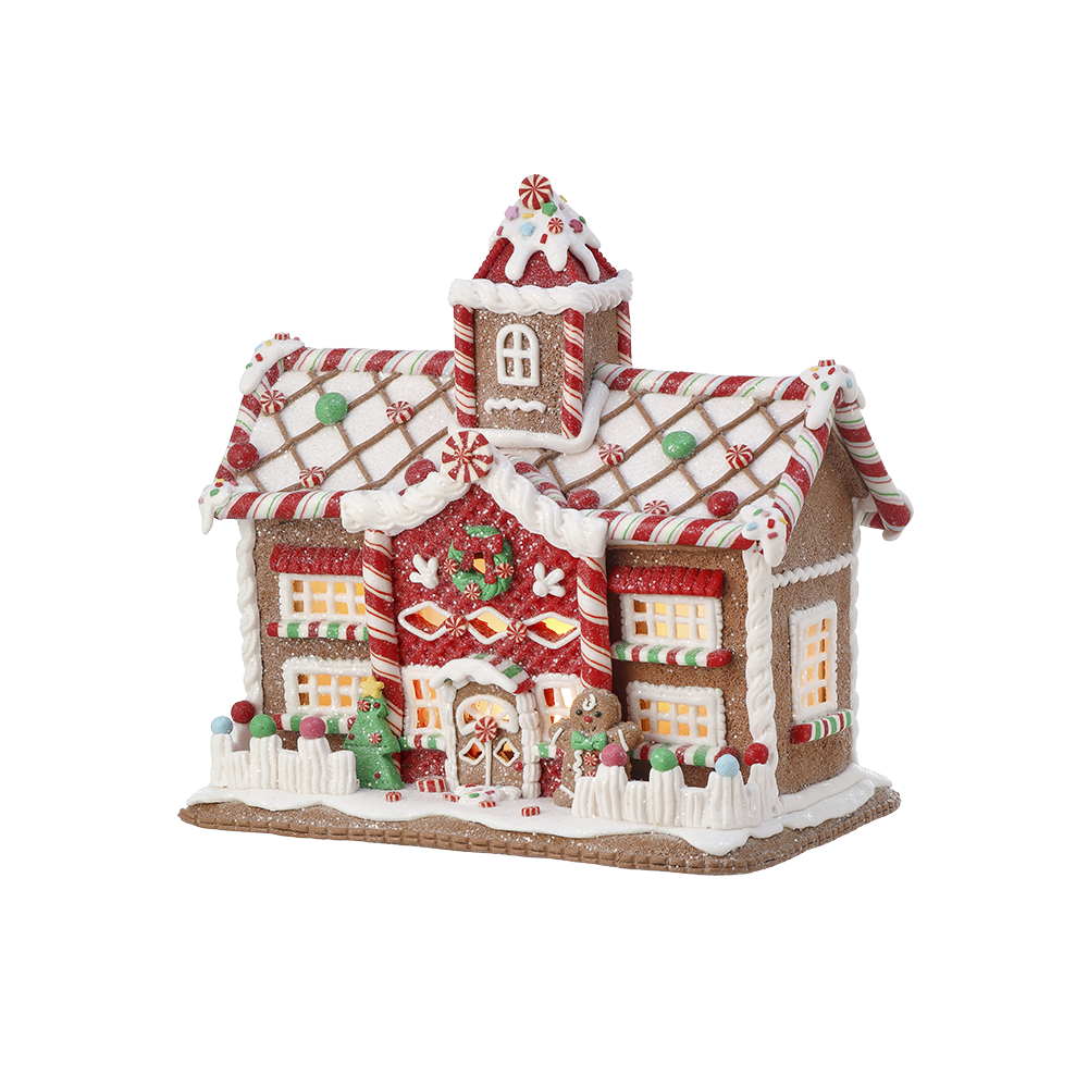 Viv! Christmas Kerstbeeld - Gingerbread Snoep Huis van Klei incl. LED Verlichting - bruin rood wit - 24cm