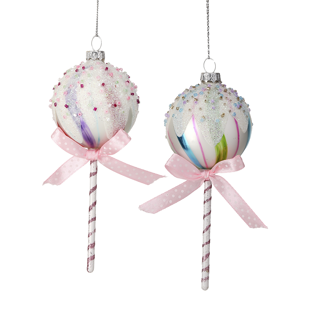Viv! Christmas Kerstornament - Lollipop met Strik - set van 2 - glas - pastel - 15cm
