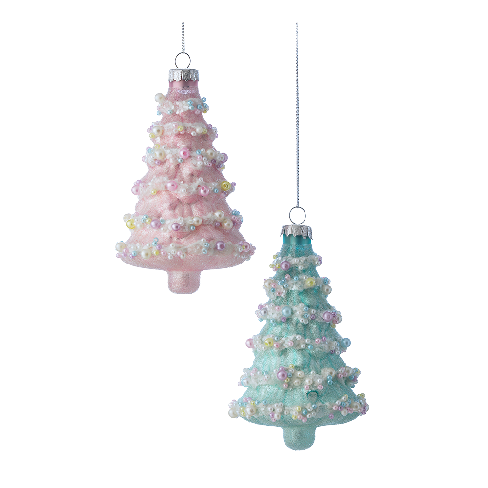 Viv! Christmas Kerstornament - Kerstboom met Parels - set van 2 - glas - roze blauw - 13cm
