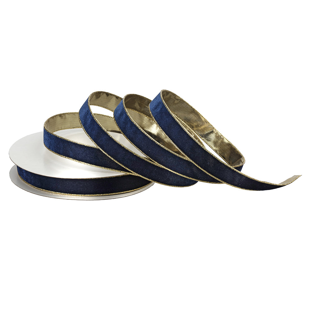 Viv! Christmas Wired Ribbon - Velvet with Metallic Reverse - Blue Gold - 2.5cm x 18.3m