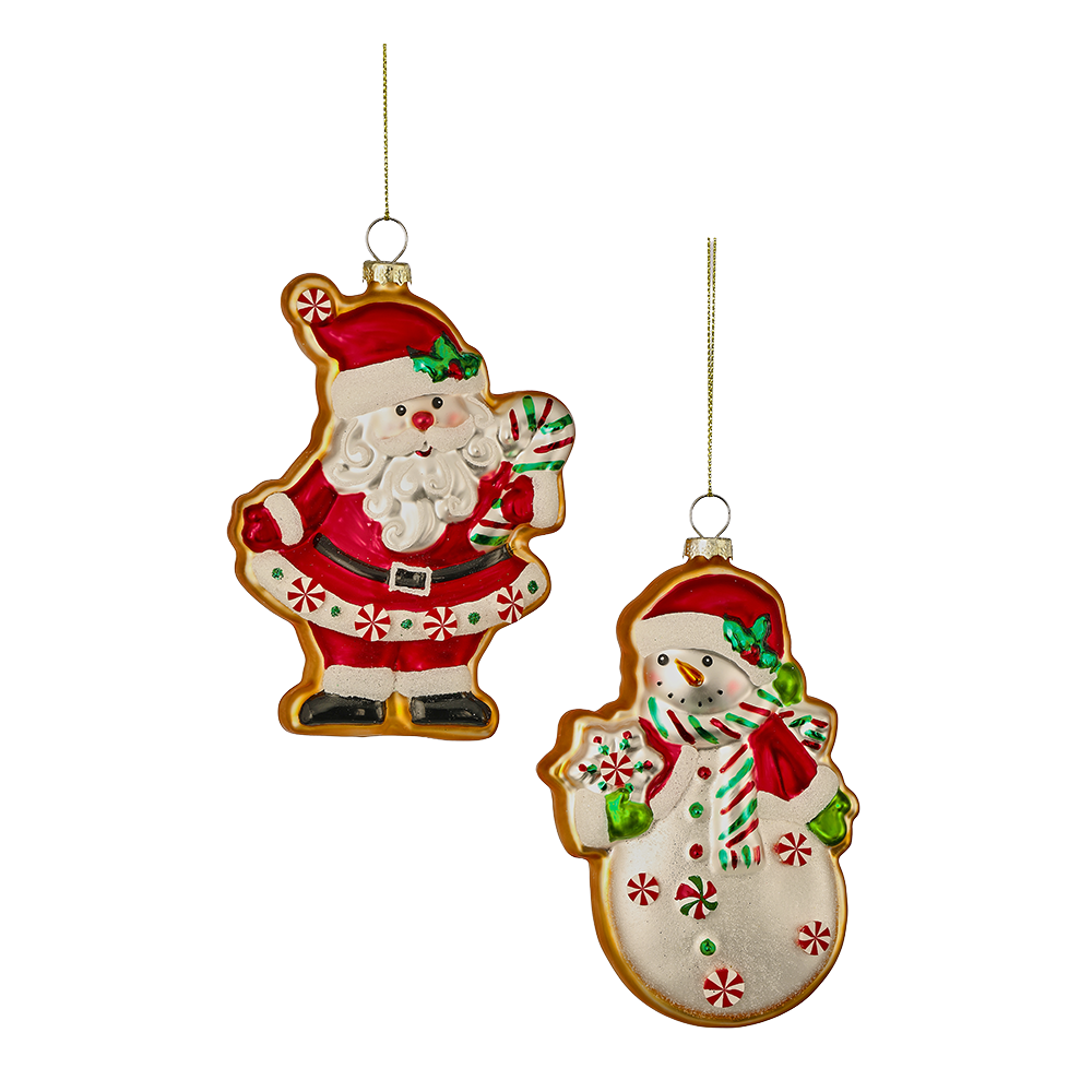 Viv! Christmas Kerstornament - Kerstman & Sneeuwpop Koekjes - set van 2 - glas - rood wit bruin - 14cm