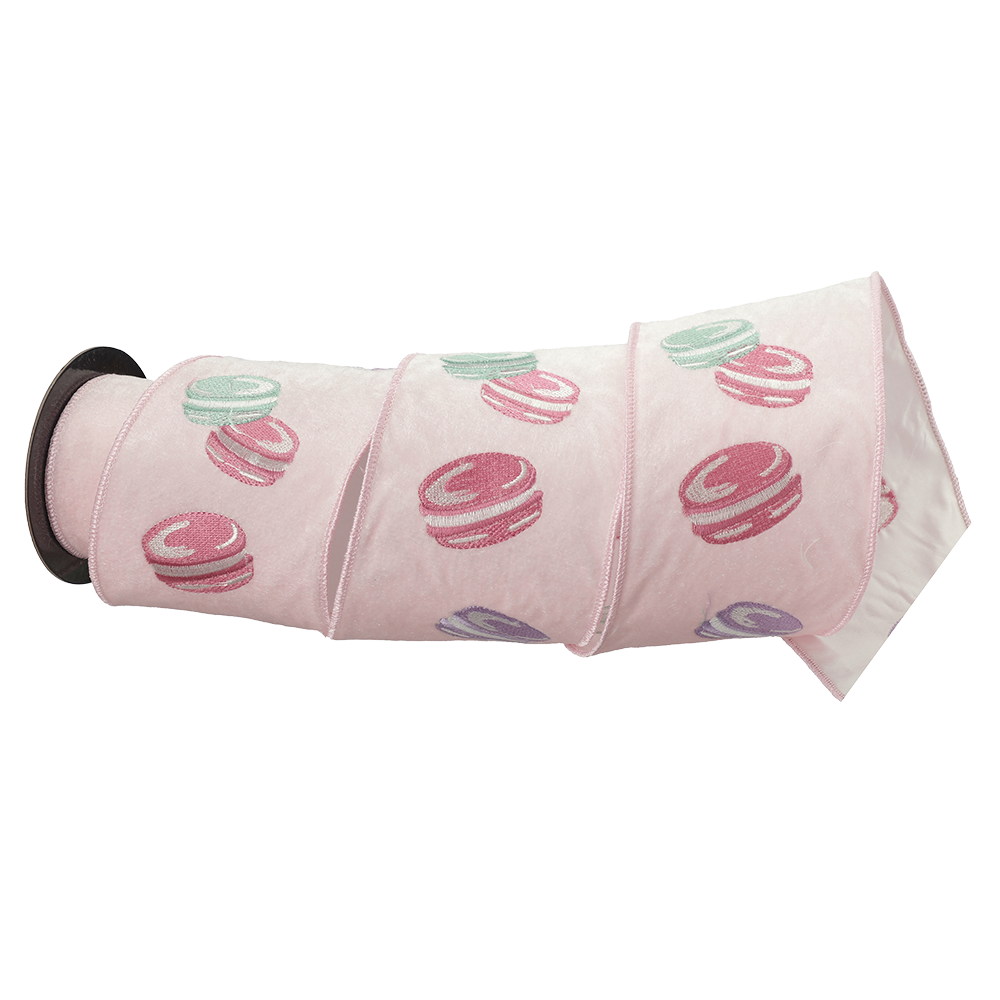 Viv! Christmas Wired Ribbon - Velvet with Embroidered Macarons - Pastel Pink - 10 cm x 4.6 m