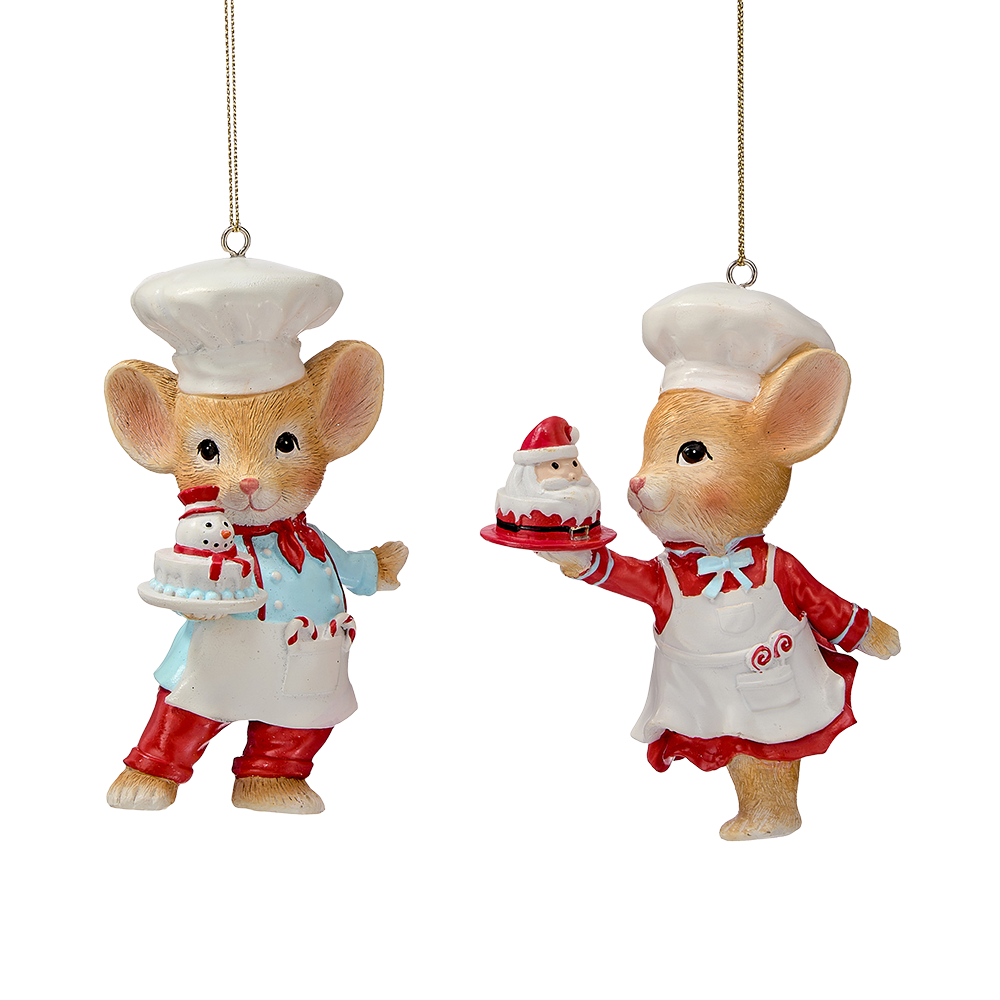 Viv! Christmas Ornament - Baker Mice with Cake - Set of 2 - Red Blue - 10 cm