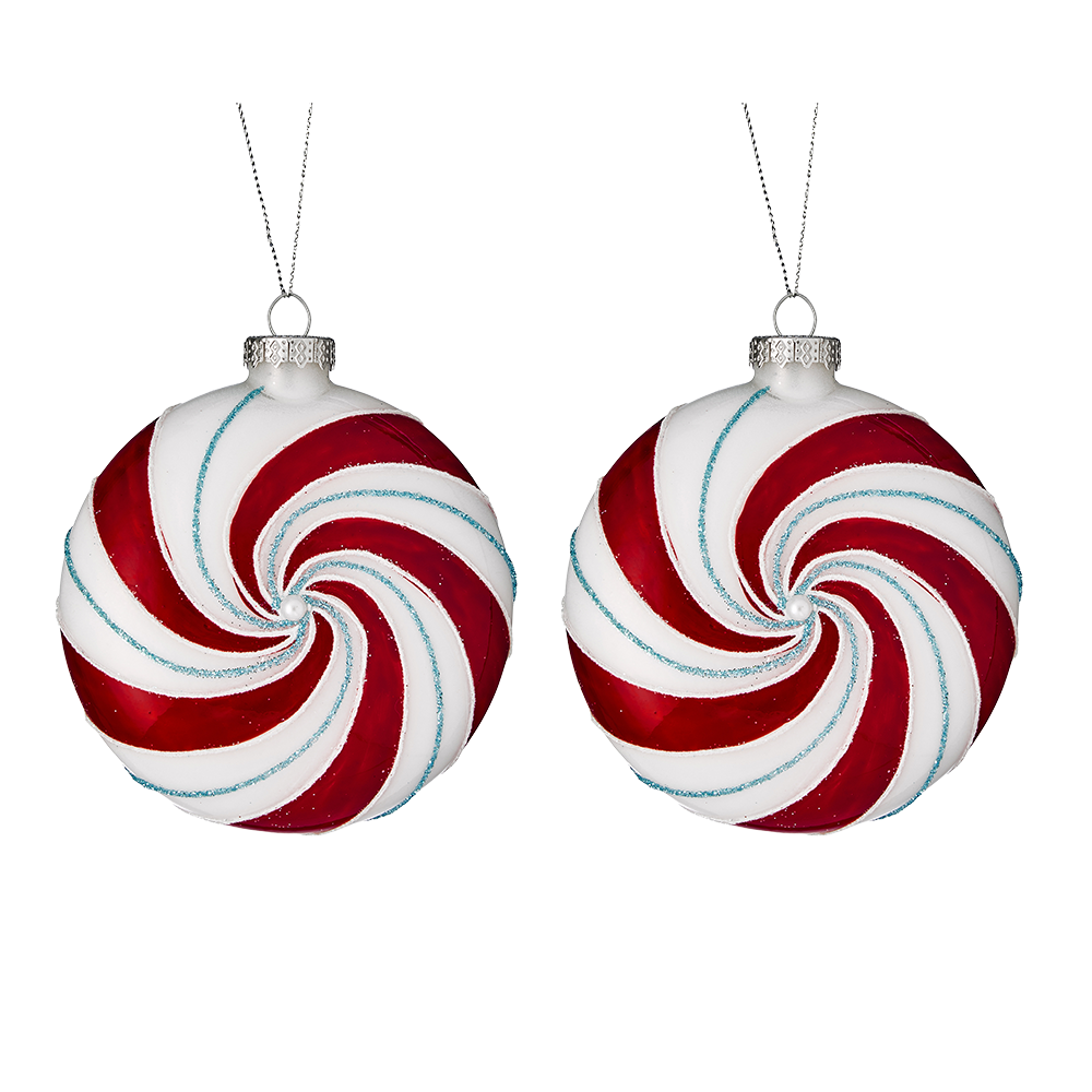 Viv! Christmas Bauble - Peppermint Swirl Candy Disc - Set of 2 - Glass - Red Blue - 10 cm
