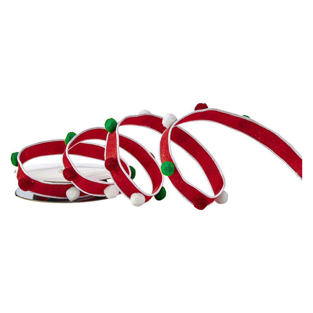 Viv! Christmas Weihnachtsband mit Draht - Filzband mit Pompons - Rot Weiß Grün - 2,7 m