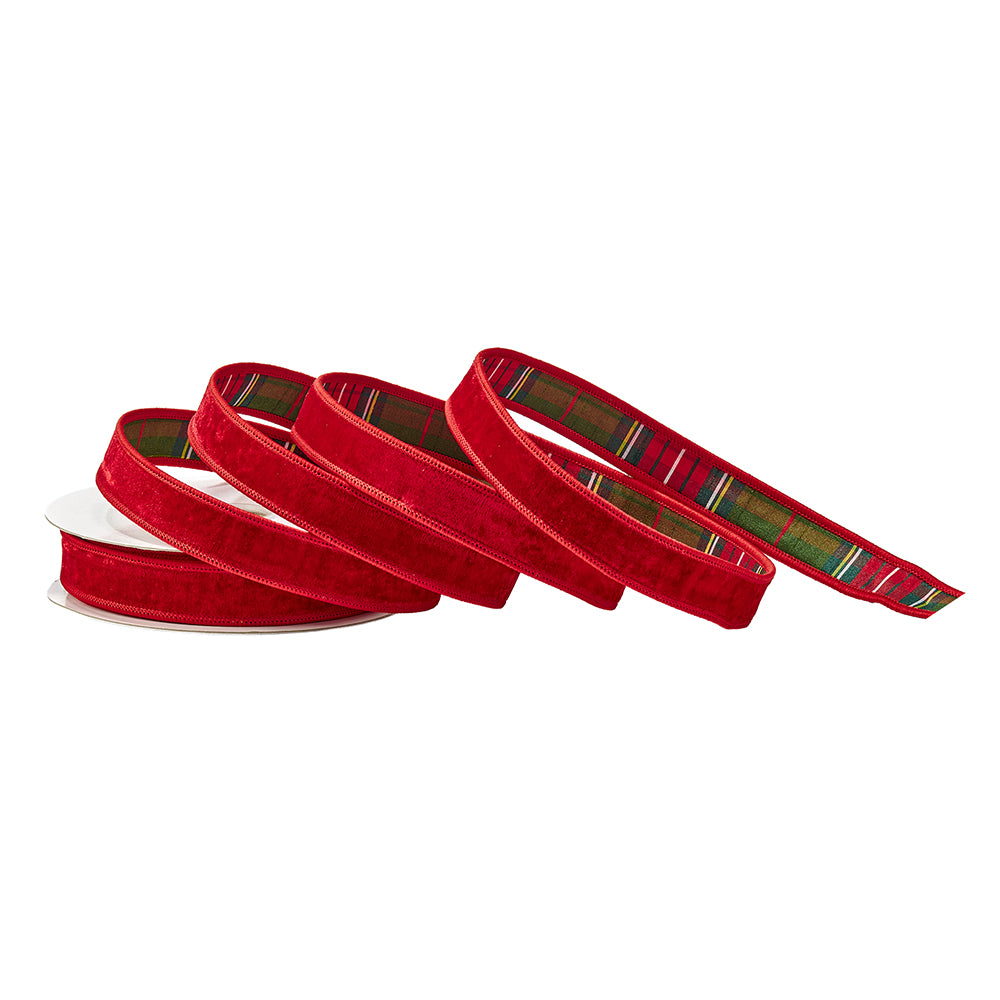Viv! Christmas Weihnachtsband mit Draht - Samtband mit Tartan-Rückseite - Rot Grün - 2,5 cm x 9,1 m