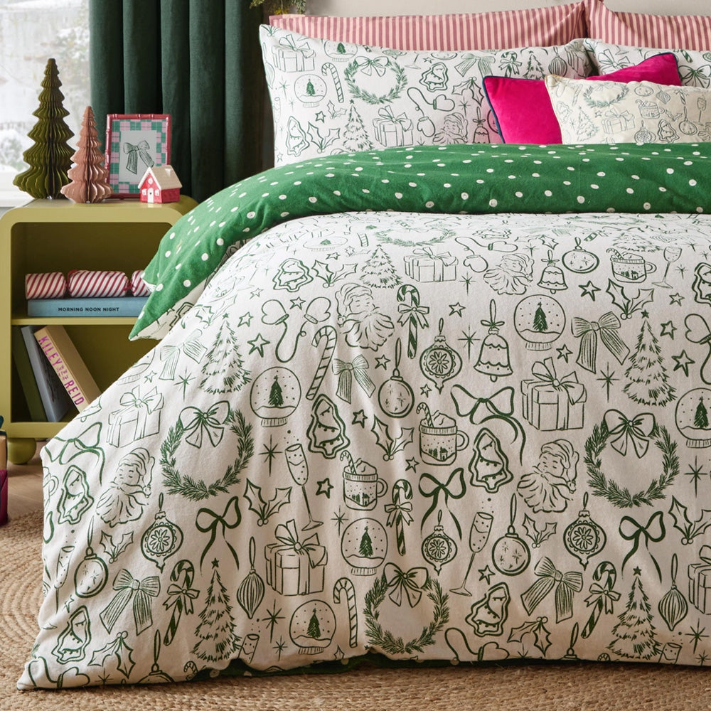 Viv! Christmas Kerst Dekbedovertrek - Groene Kerstillustraties - Brushed Cotton - Reversible | Levering ± 2 weken