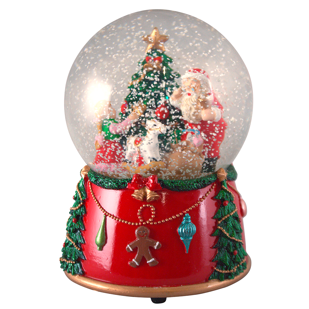 Viv! Christmas Snow Globe incl. Music Box - Santa with Decorated Christmas Tree - red green - 14cm