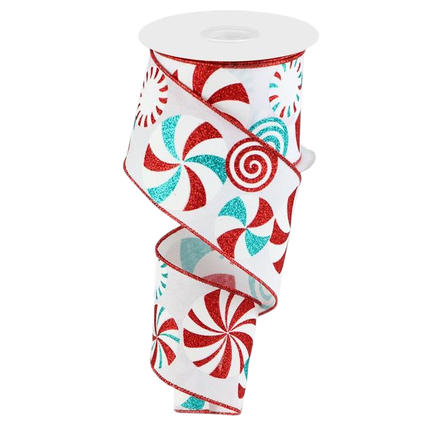 Viv! Christmas Wired Ribbon - Glitter Peppermint Candies - Red White Blue - 6.3 cm x 9.1 m