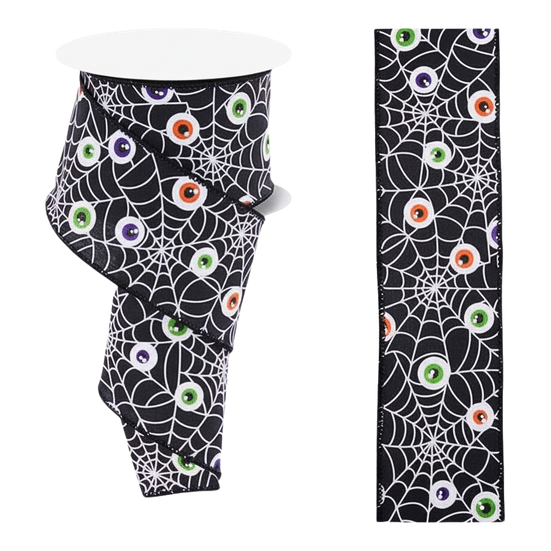 Viv! Christmas Halloween Lint met Ijzerdraad - Spinnenweb en Oogjes Print - 6,3cm x 9,1m