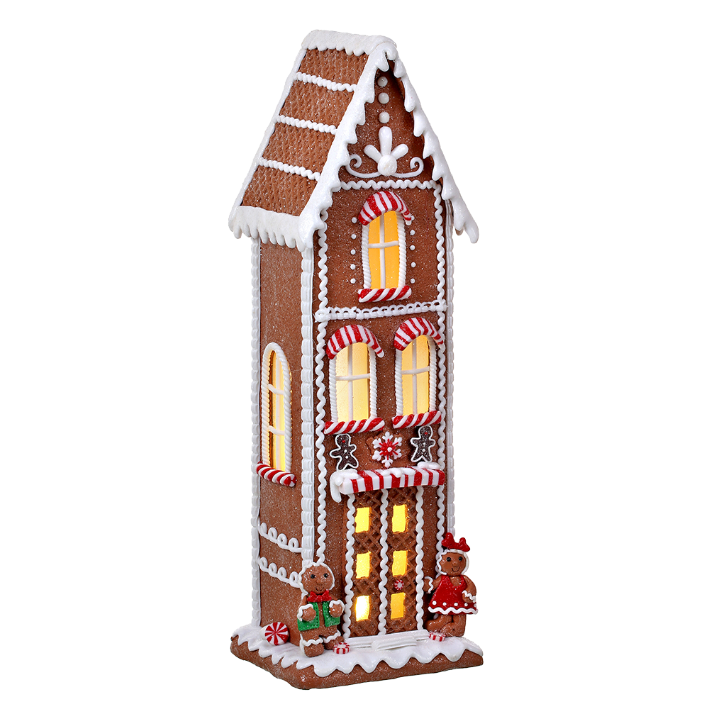 Viv! Christmas Kerstbeeld - Hoog Gingerbread Huis van Klei incl. LED Verlichting - rood wit bruin - 43cm